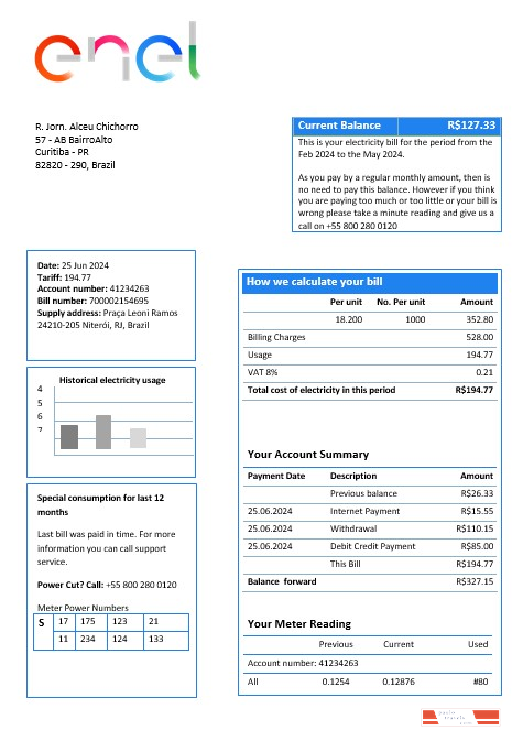 Brazil ENEL electricity business utility bill template in Word and PDF format